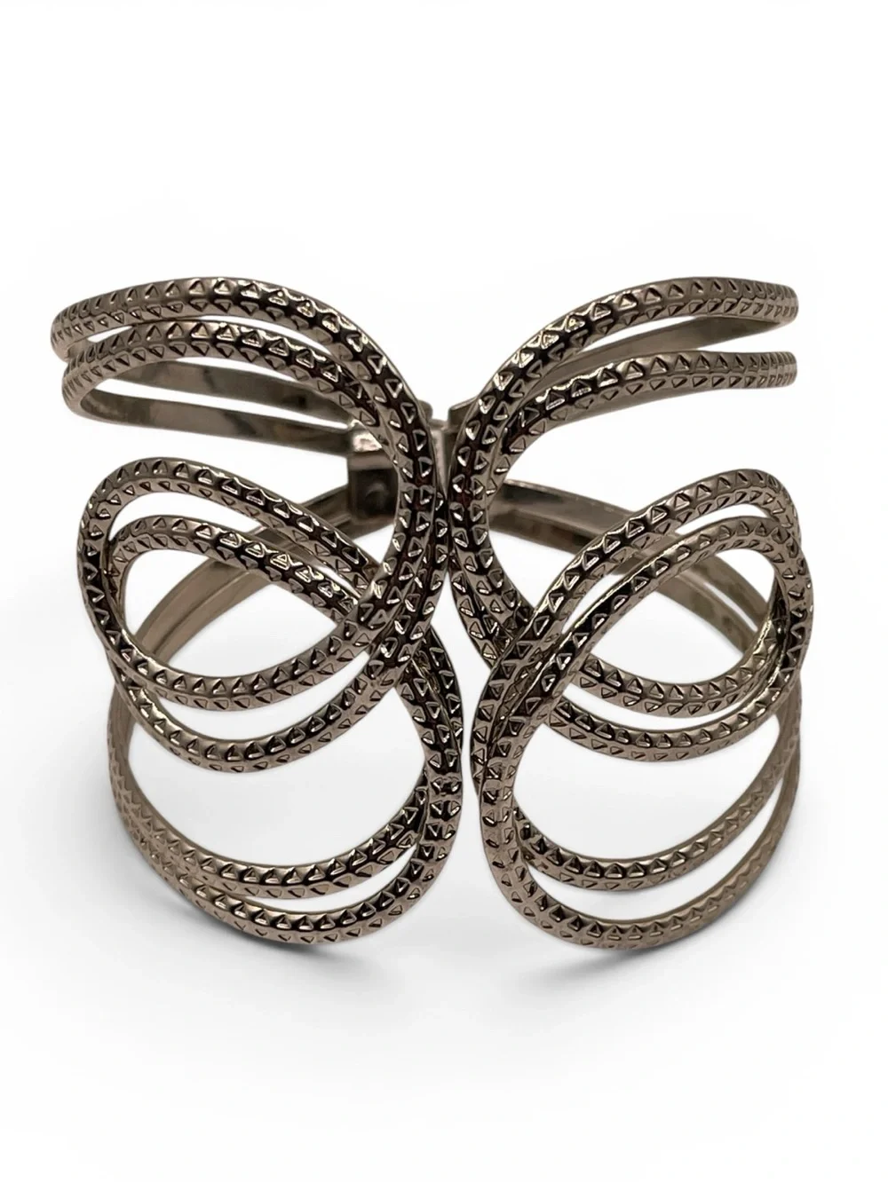 Modernist Sculptural Intertwined Textured Silver Tone Hinged Cuff Bracelet
